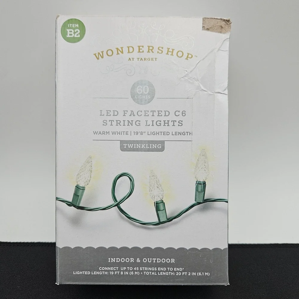 Wondershop 60 LED Faceted C6 String Lights Warm White‎ Twinkling Green Wire New